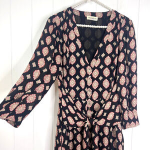 Nicholas Noura Maxi Dress Casablanca Black Tan Silk Button‎ Up Tie Front SZ 14